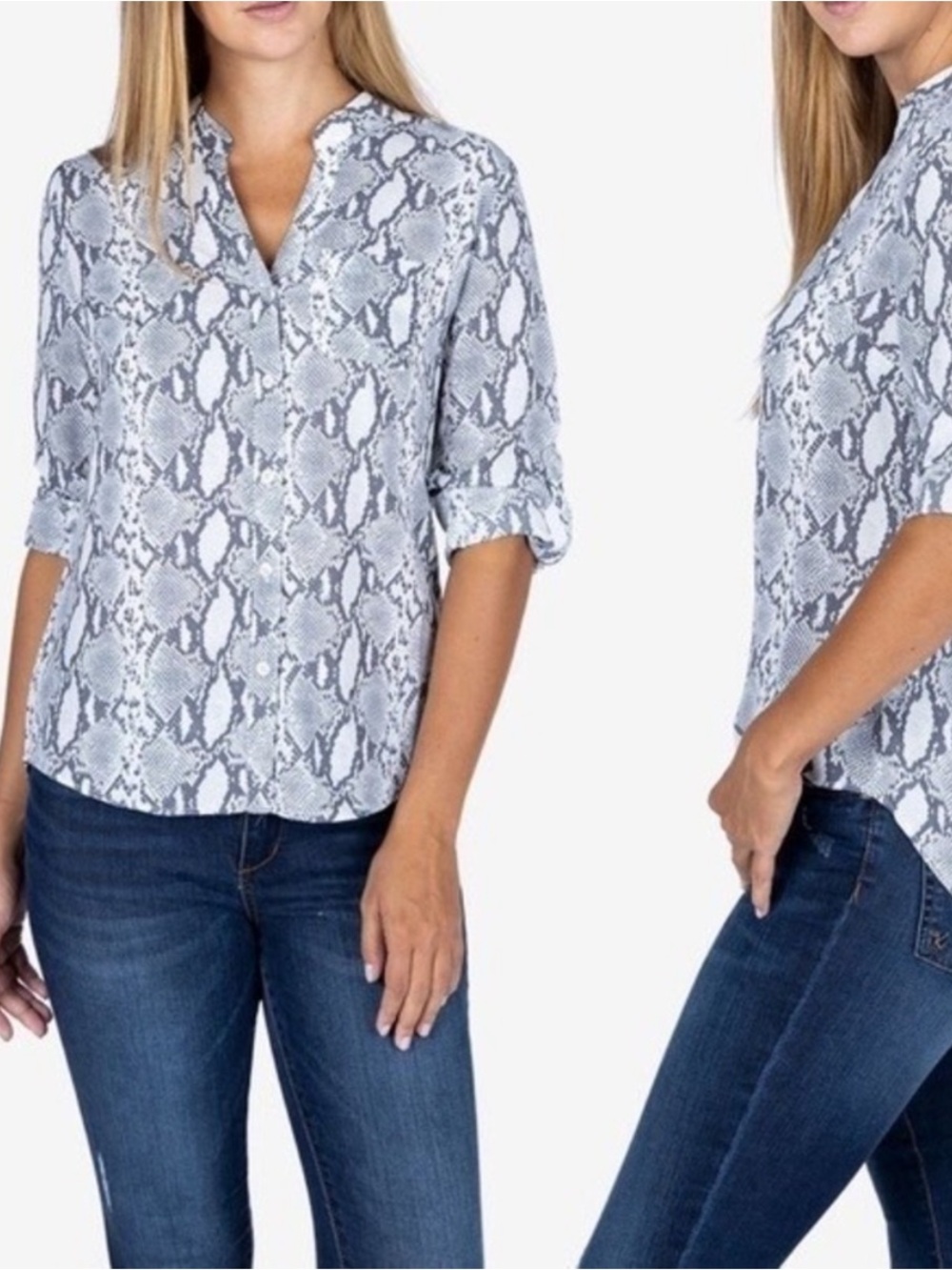 KUT from the Kloth Harper Snake Print Roll Tab Blouse Gray Small